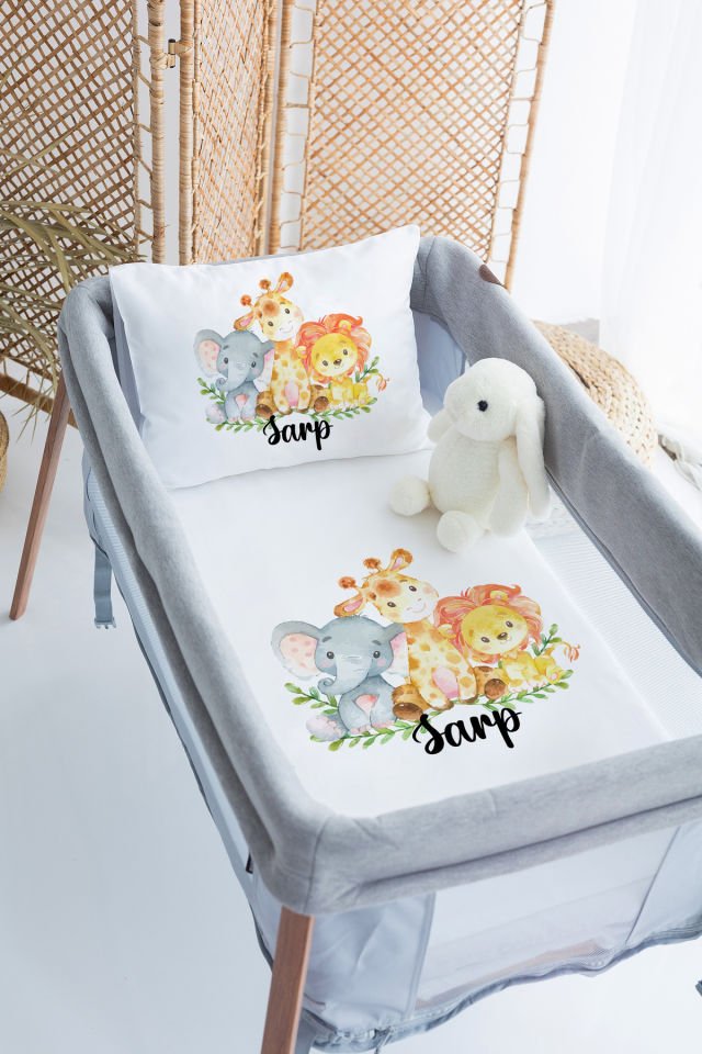 %100 Delux Pamuk İsme Özel 70x120 Park Yatak Nevresim Takımı Safari