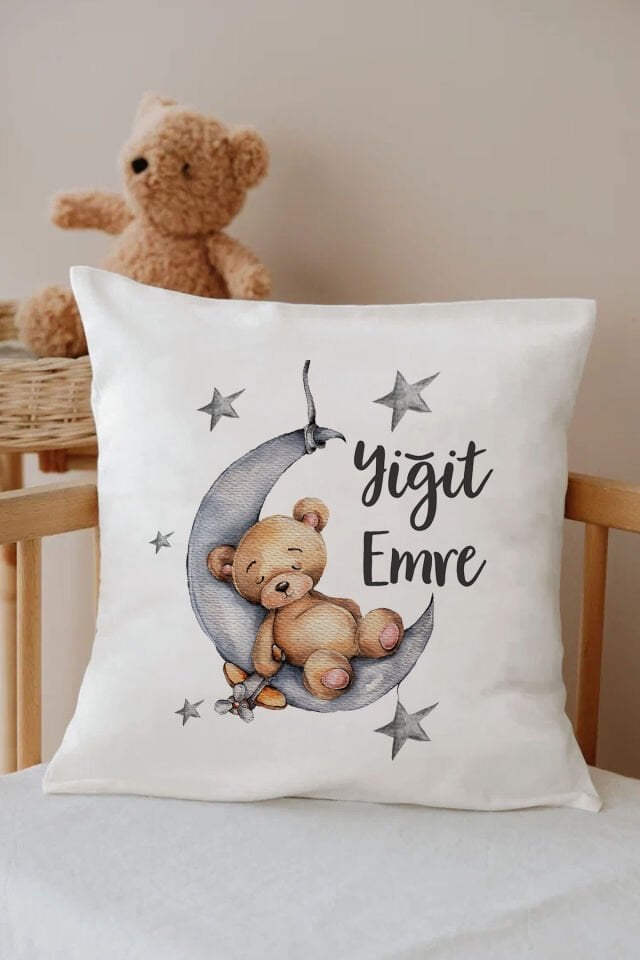 İsme Özel %100 Pamuk Çocuk Odası Kırlent Kılıfı-ayıcık