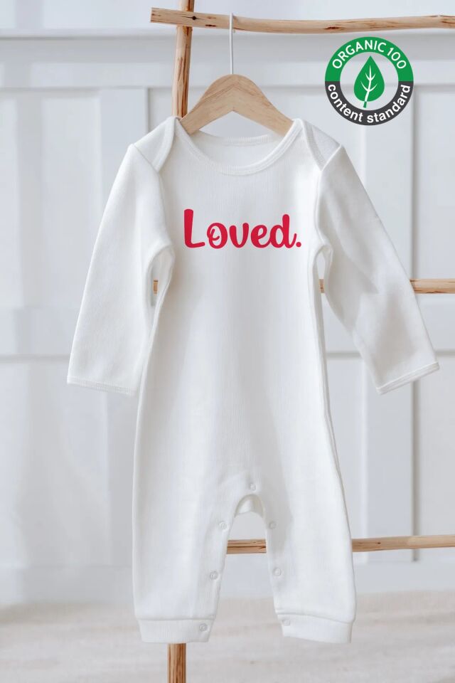 %100 Organik Pamuk Uzun Kollu Sevgililer Günü Temalı Bebek Tulum Loved.