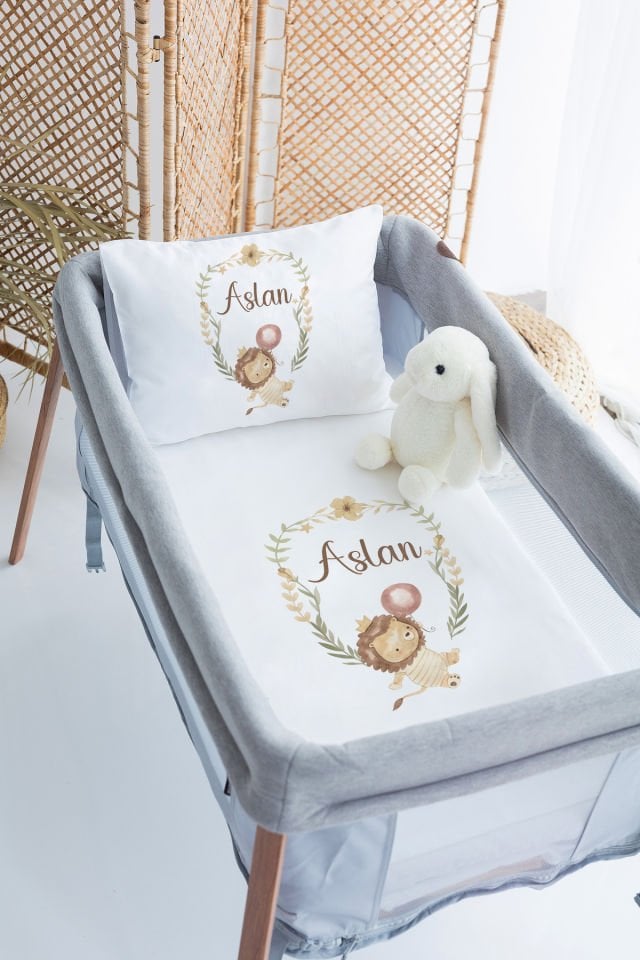 %100 Delux Pamuk İsme Özel 70x120 Park Yatak Nevresim Takımı Aslan