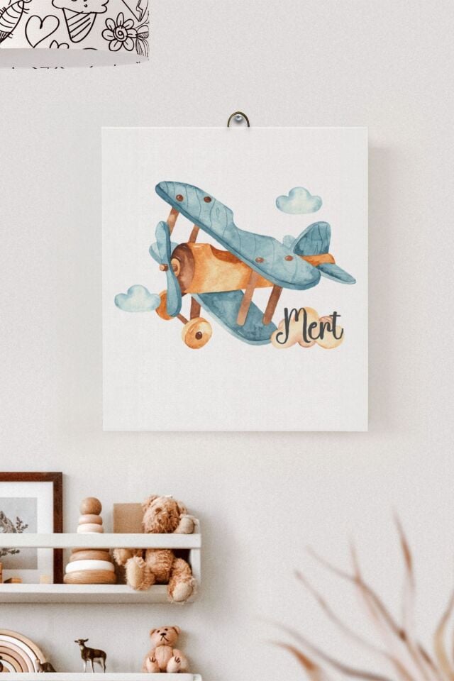 İsme Özel Çocuk Odası Kanvas Tablo Uçak (17x21 Cm)