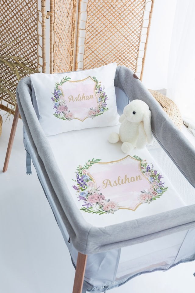 %100 Delux Pamuk İsme Özel 70x120 Park Yatak Nevresim Takımı Çiçek