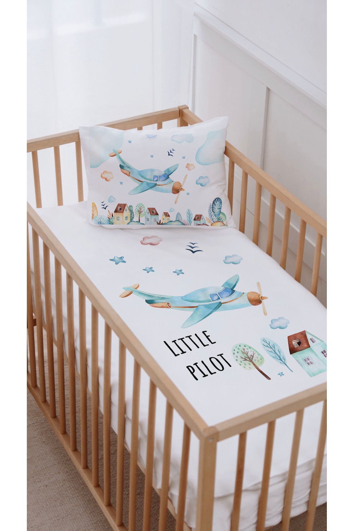 %100 Pamuk Anne Yanı Beşik Nevresim Takımı (60x100) Uçak