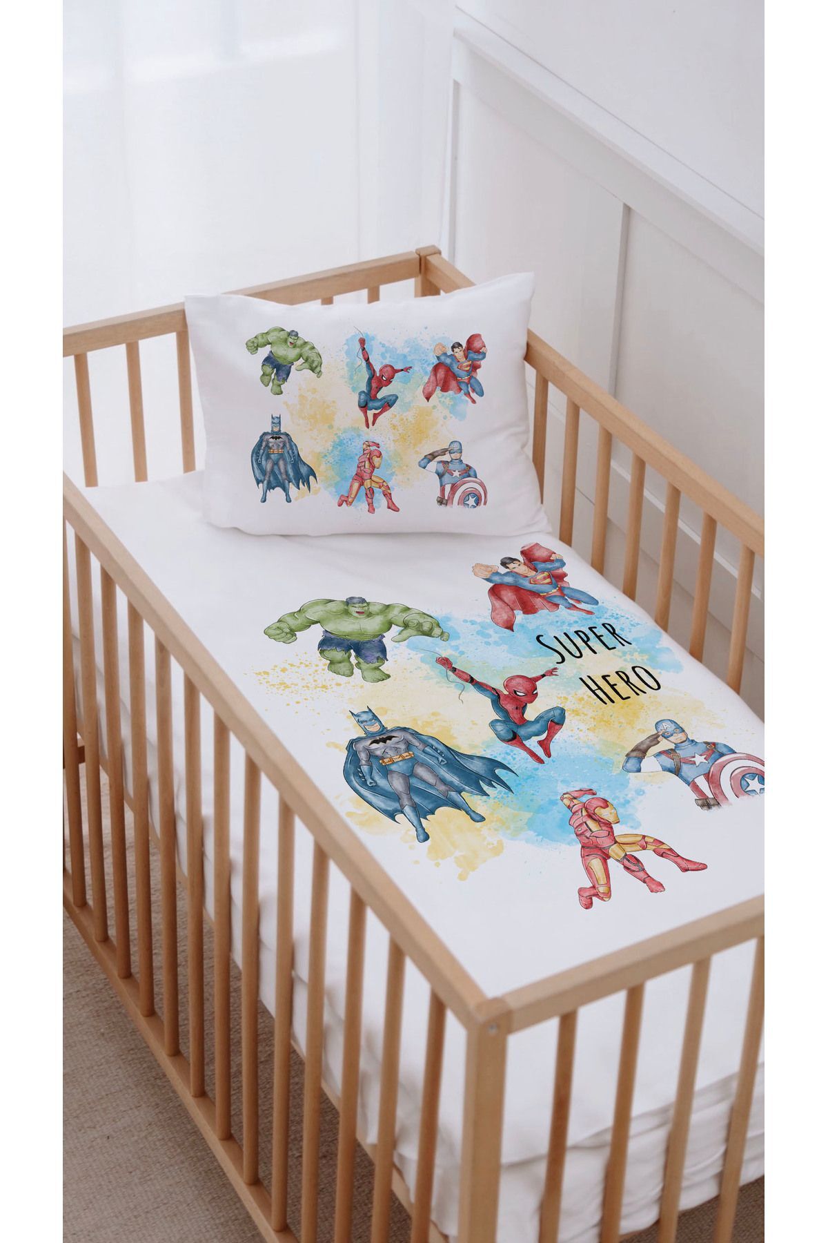 %100 Pamuk Anne Yanı Beşik Nevresim Takımı (60x100) Süper Kahramanlar