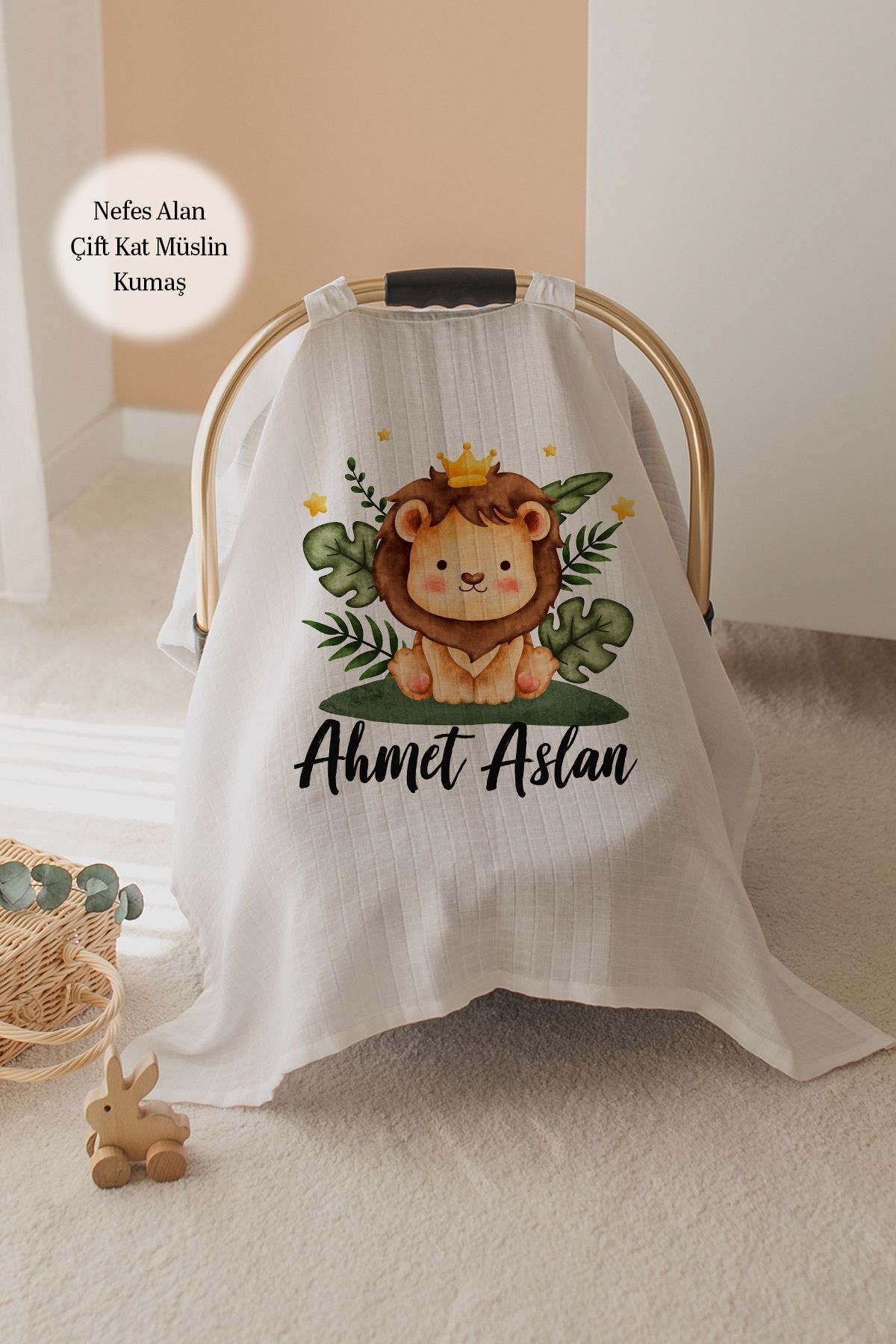 %100 Pamuk İsme Özel Çift Katlı Müslin Puset Örtüsü - Aslan
