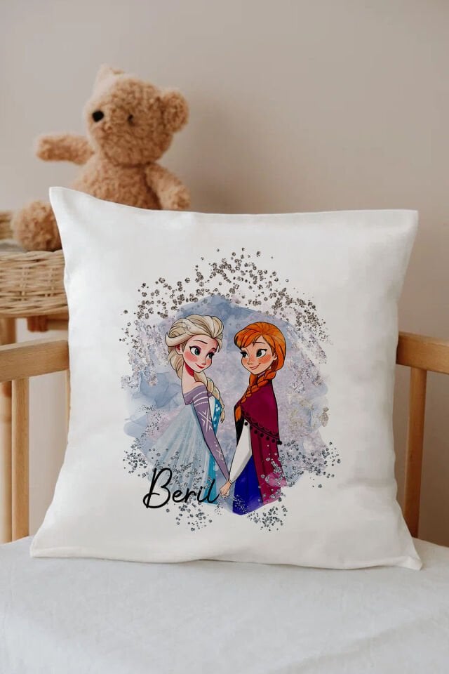İsme Özel %100 Pamuk Çocuk Odası Kırlent Kılıfı-Elsa ve Anna