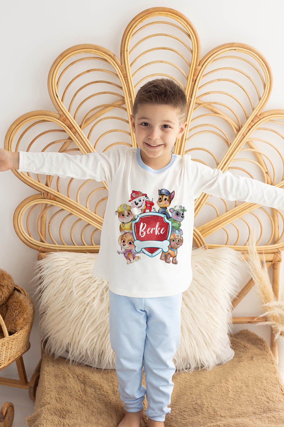 İsme Özel Erkek Çocuk Pijama Takımı %100 Organik Pamuk Mavi - 9-10 Yaş