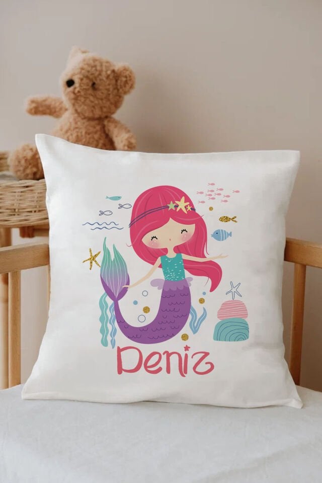 İsme Özel %100 Pamuk Çocuk Odası Kırlent Kılıfı-deniz kızı