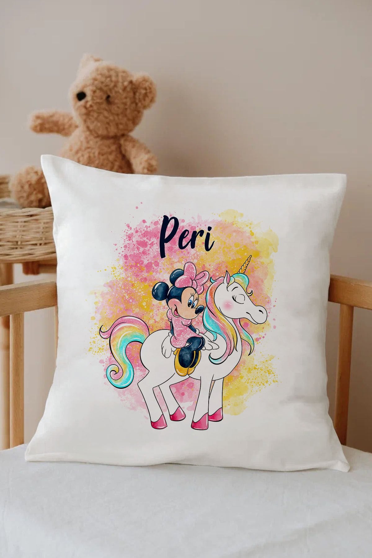 İsme Özel %100 Pamuk Çocuk Odası Kırlent Kılıfı-Minnie