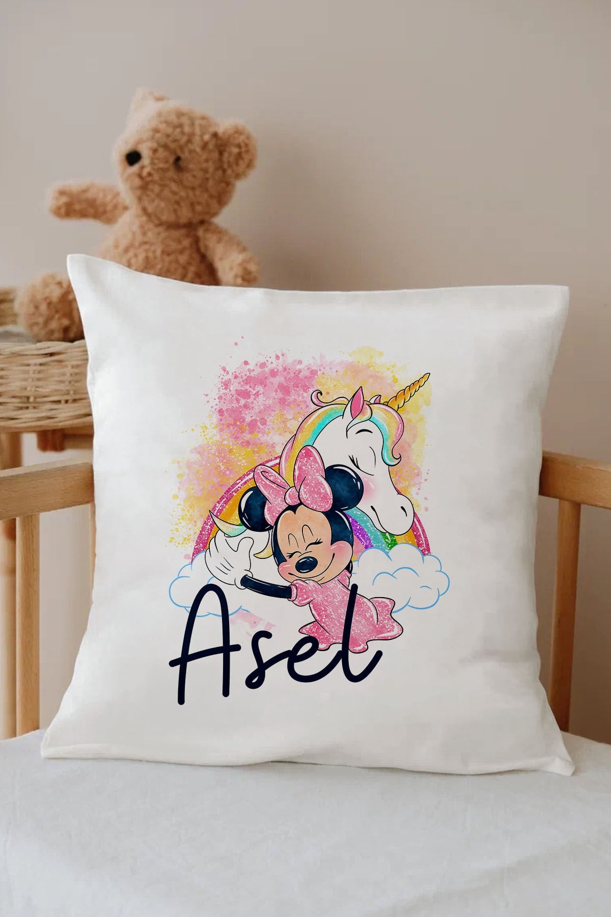 İsme Özel %100 Pamuk Çocuk Odası Kırlent Kılıfı-Pembe Minnie