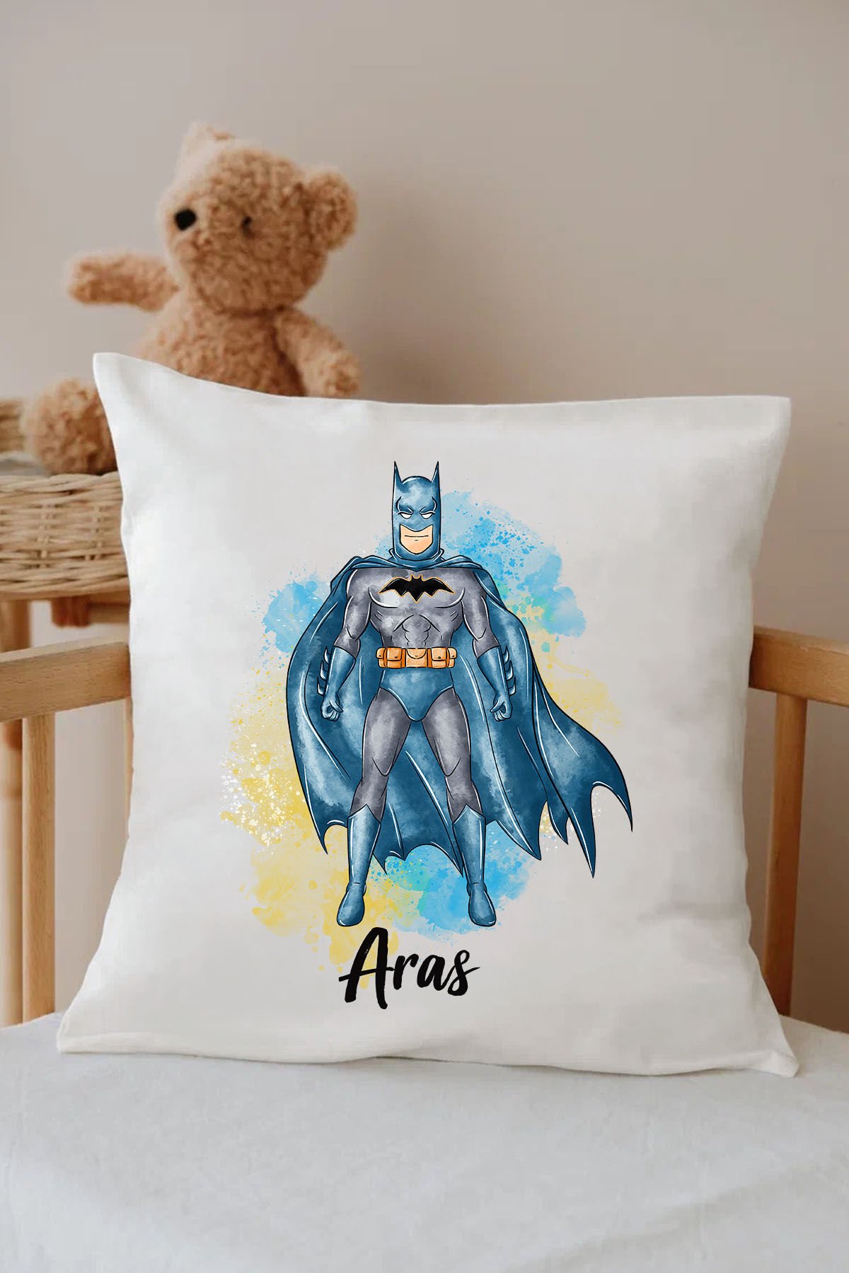 İsme Özel %100 Pamuk Çocuk Odası Kırlent Kılıfı-Mavi Batman