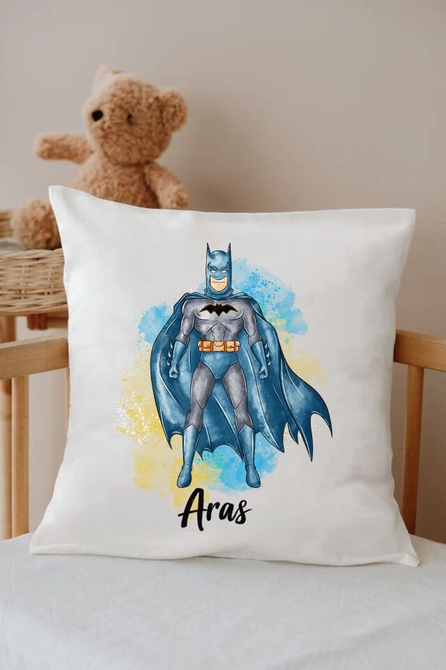 İsme Özel %100 Pamuk Çocuk Odası Kırlent Kılıfı-Mavi Batman