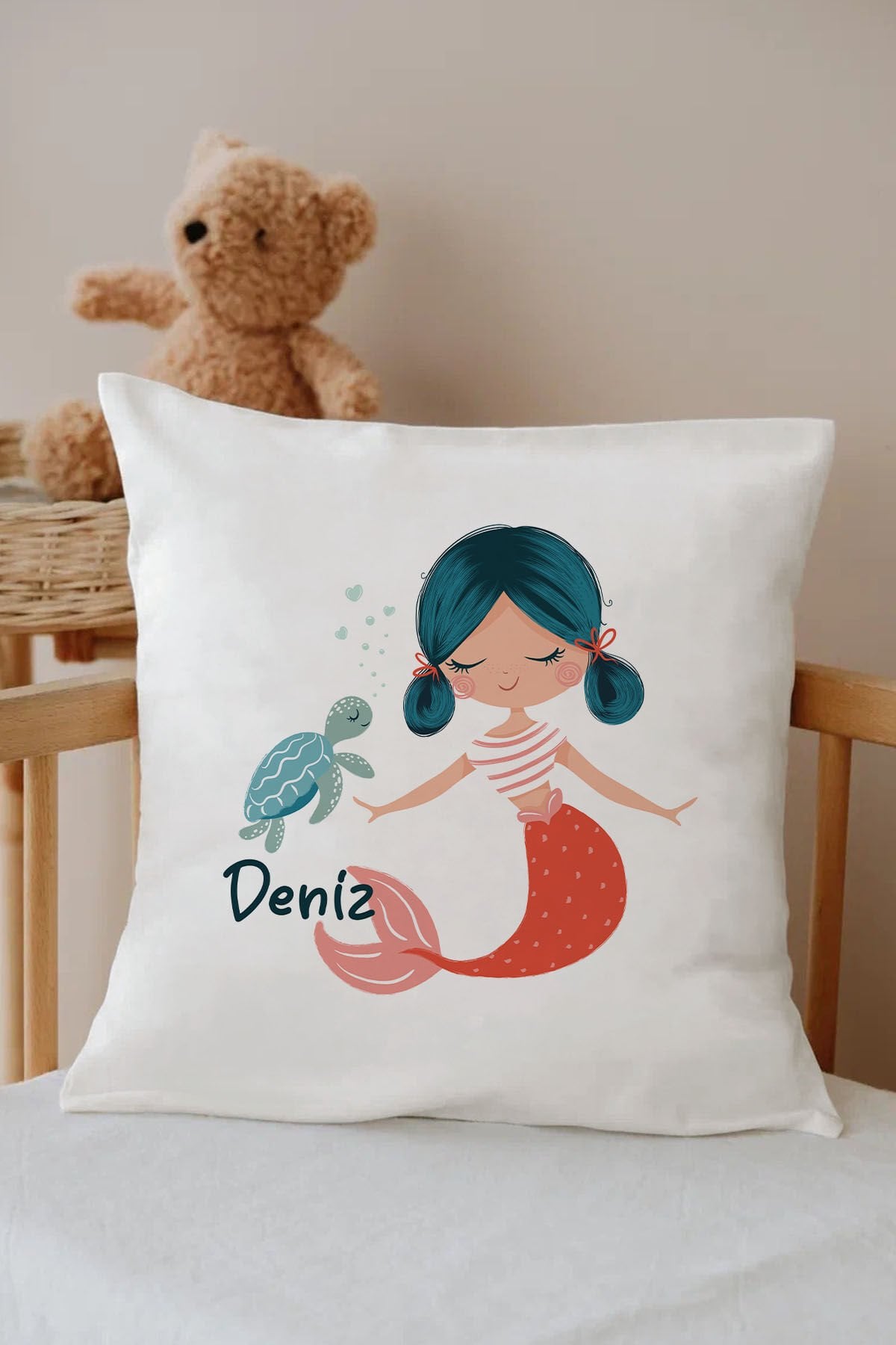 İsme Özel %100 Pamuk Çocuk Odası Kırlent Kılıfı-deniz kızı