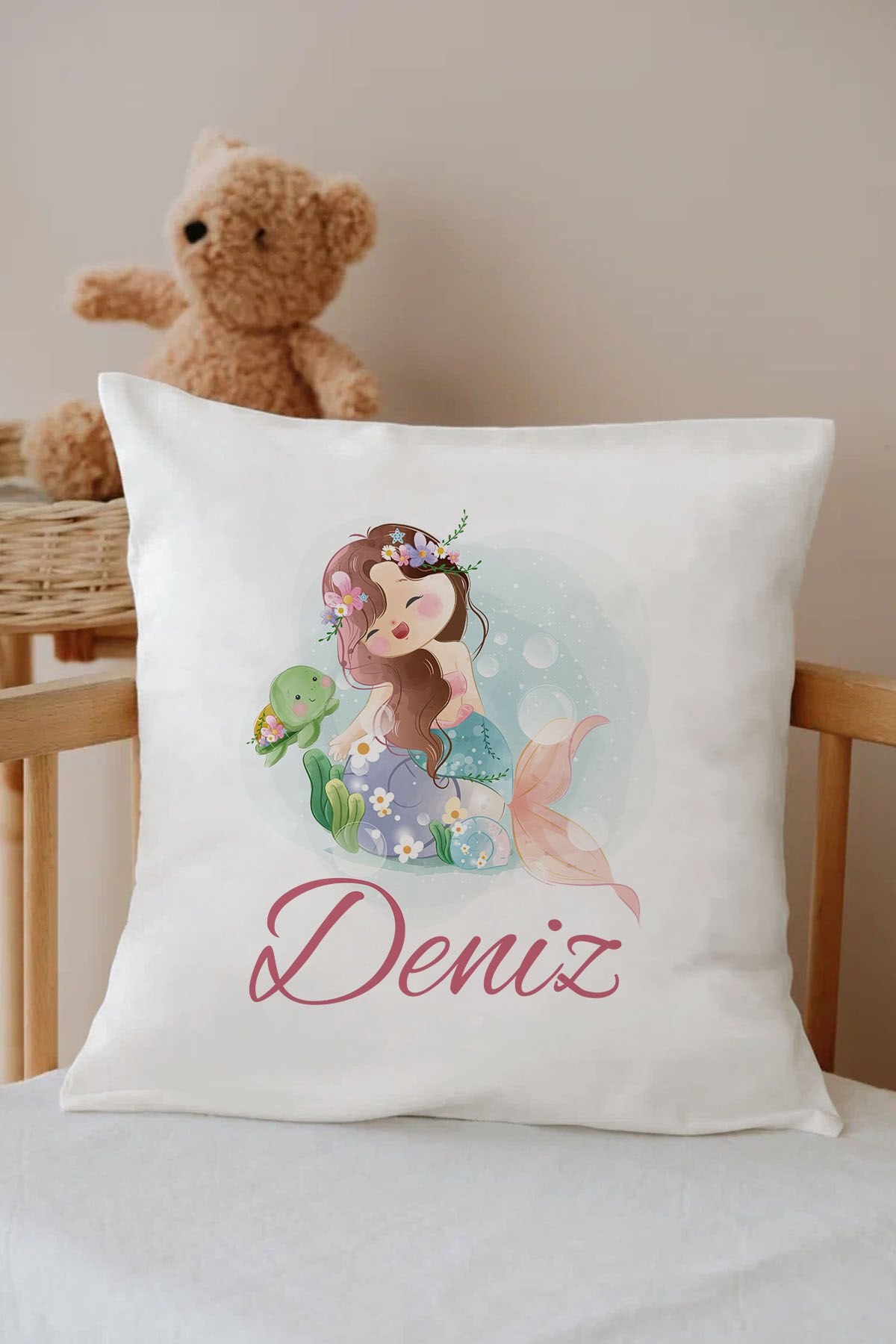 İsme Özel %100 Pamuk Çocuk Odası Kırlent Kılıfı-deniz kızı