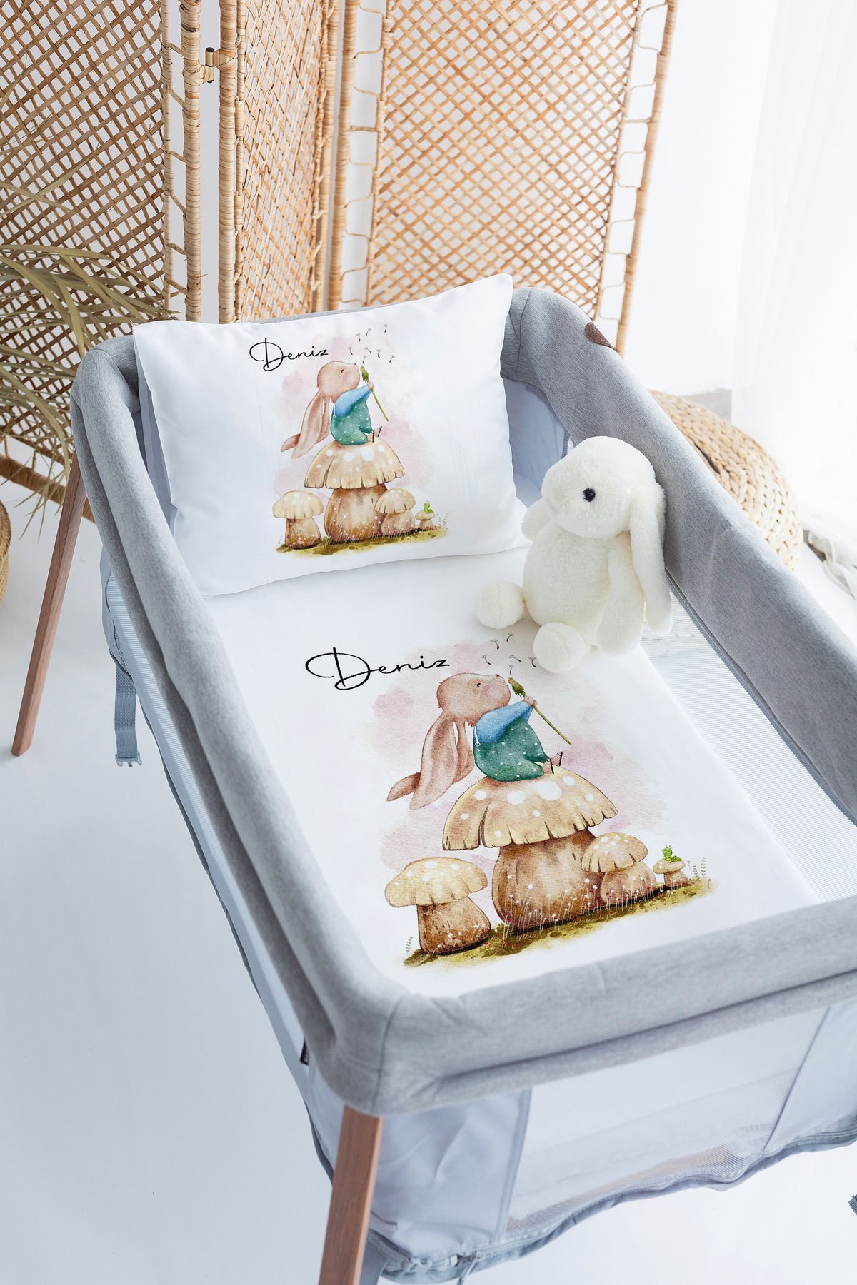 İsme Özel 70x120 Park Yatak Nevresim Takımı Tavşan