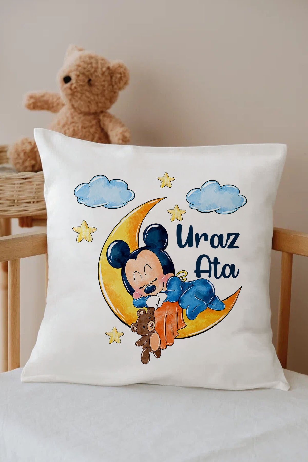 İsme Özel %100 Pamuk Çocuk Odası Kırlent Kılıfı-Aydaki Mickey