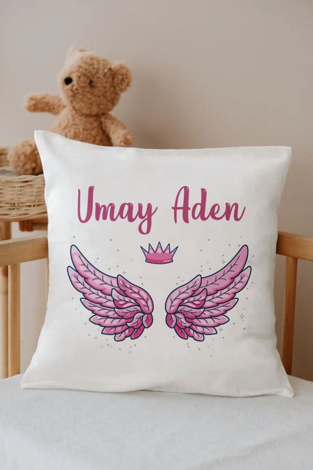 İsme Özel %100 Pamuk Çocuk Odası Kırlent Kılıfı-Pembe Kanat