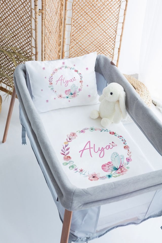 %100 Delux Pamuk İsme Özel 70x120 Park Yatak Nevresim Takımı Kelebek