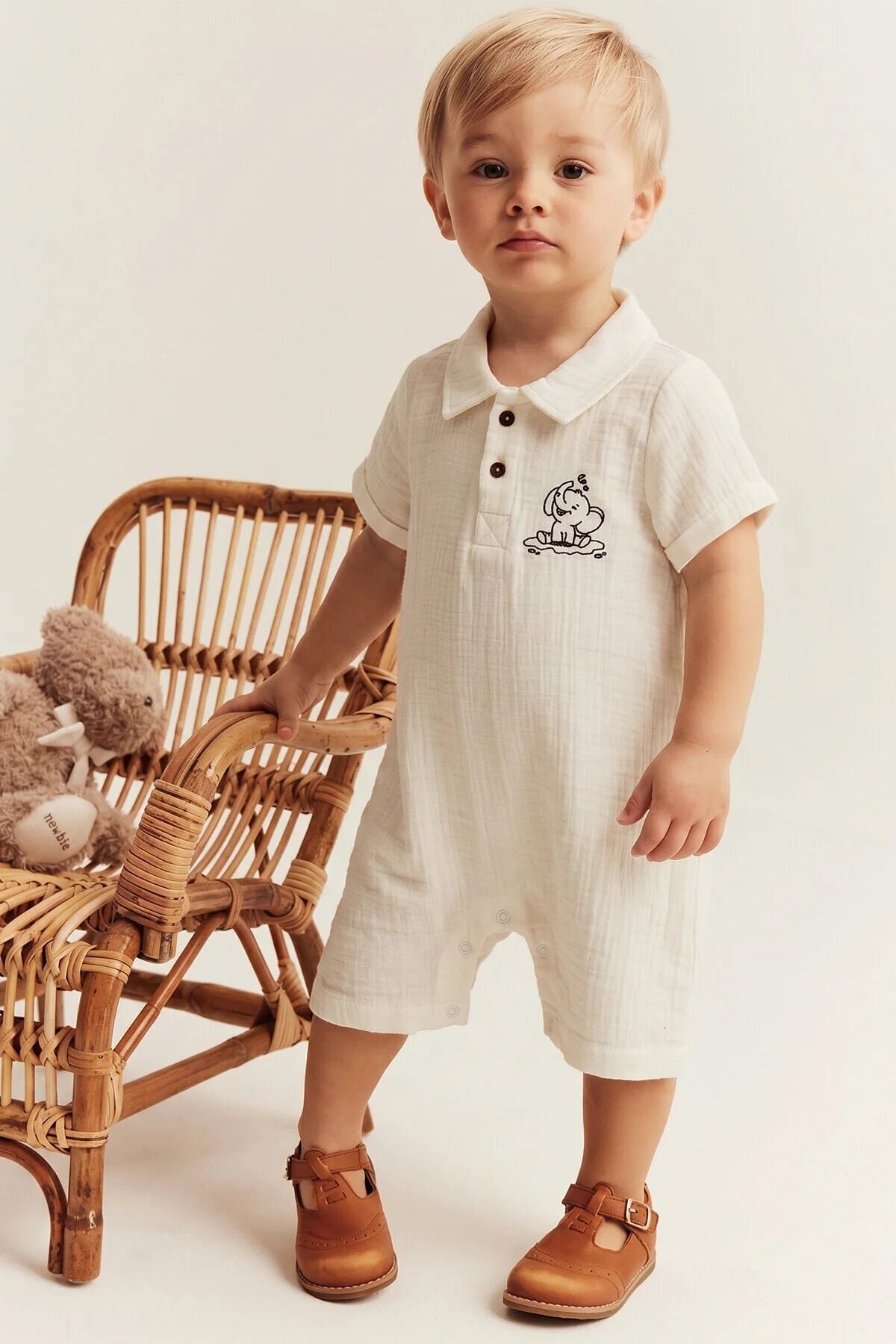 %100 Organik Pamuk Muslin Kumaş Kısa Paça Tulum Kız-Erkek Bebek Ekru