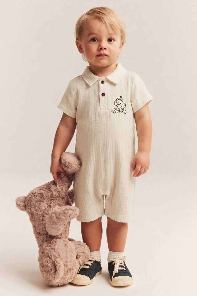 %100 Organik Pamuk Muslin Kumaş Kısa Paça Tulum Kız-Erkek Bebek Ekru