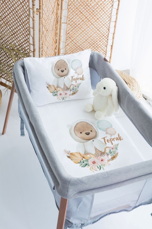 %100 Delux Pamuk İsme Özel 70x120 Park Yatak Nevresim Takımı Ayıcık
