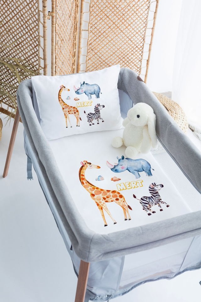 %100 Delux Pamuk İsme Özel 70x120 Park Yatak Nevresim Takımı Safari