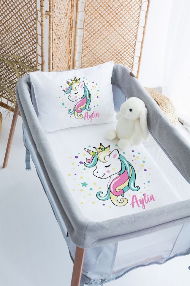 %100 Delux Pamuk İsme Özel 70x120 Park Yatak Nevresim Takımı Unicorn