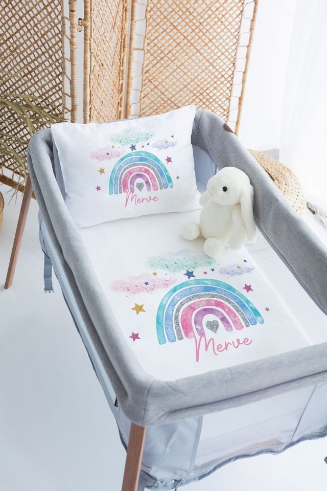 %100 Delux Pamuk İsme Özel 70x120 Park Yatak Nevresim Takımı Gökkuşağı