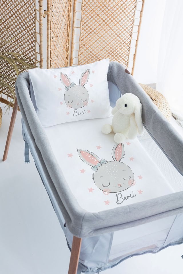 %100 Delux Pamuk İsme Özel 70x120 Park Yatak Nevresim Takımı Tavşan