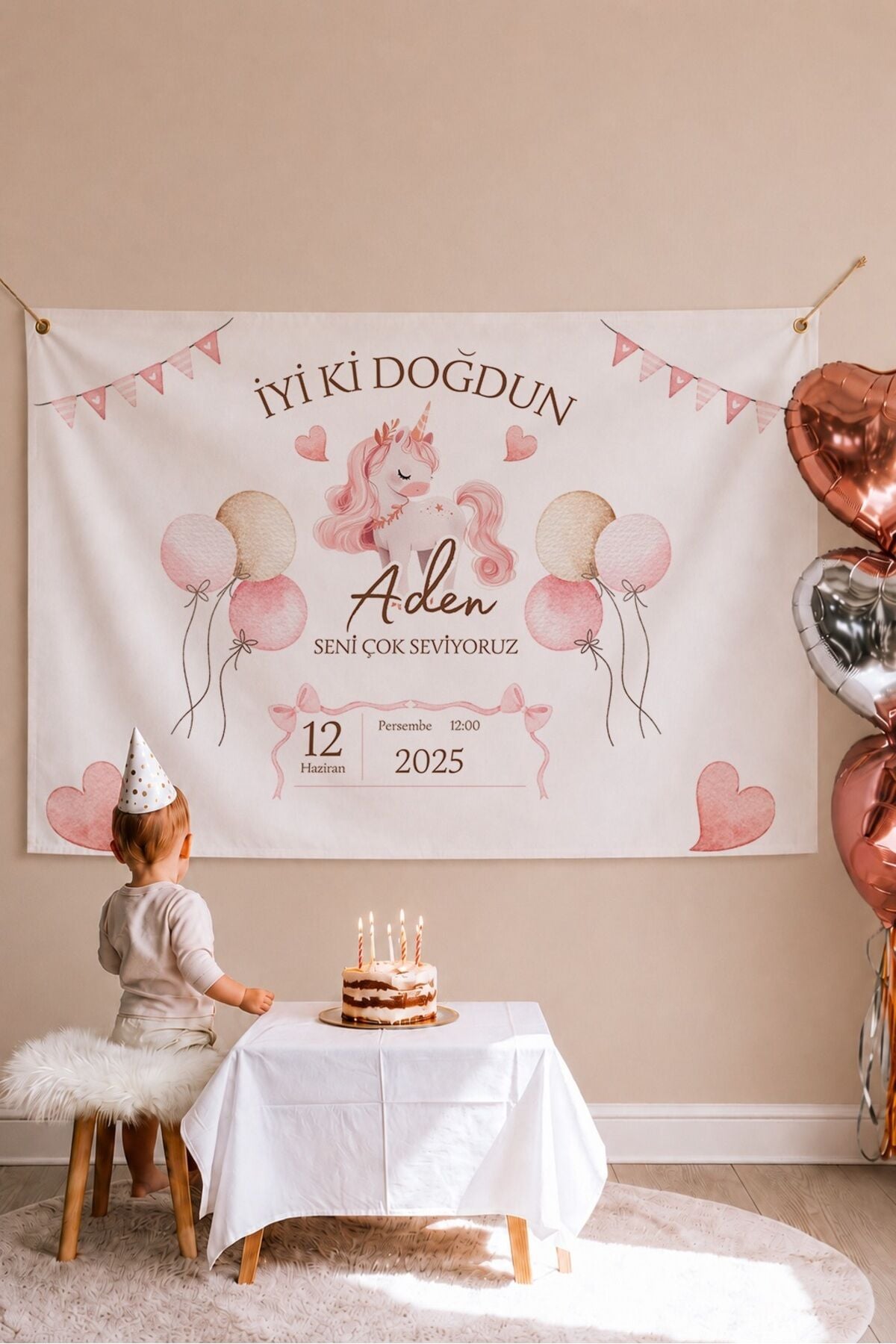 Kişiye Özel Doğum Günü Duvar Afişi Örtüsü 100x120 Cm Büyük Boy Unicorn