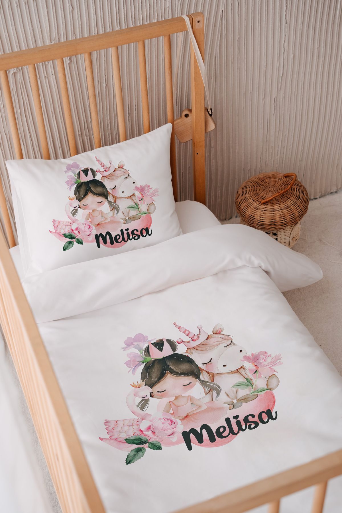 İsme Özel 100x150 Bebek Yatak Nevresim Seti Unicorn ve Balerin