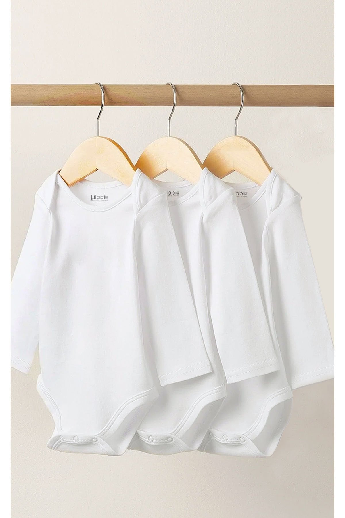 %100 Organik Pamuk 3lü Uzun Kollu Bebek Body Beyaz - 12-18 AY