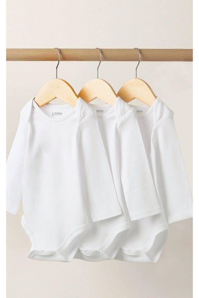 %100 Organik Pamuk 3lü Uzun Kollu Bebek Body Beyaz - 9 - 12 Ay