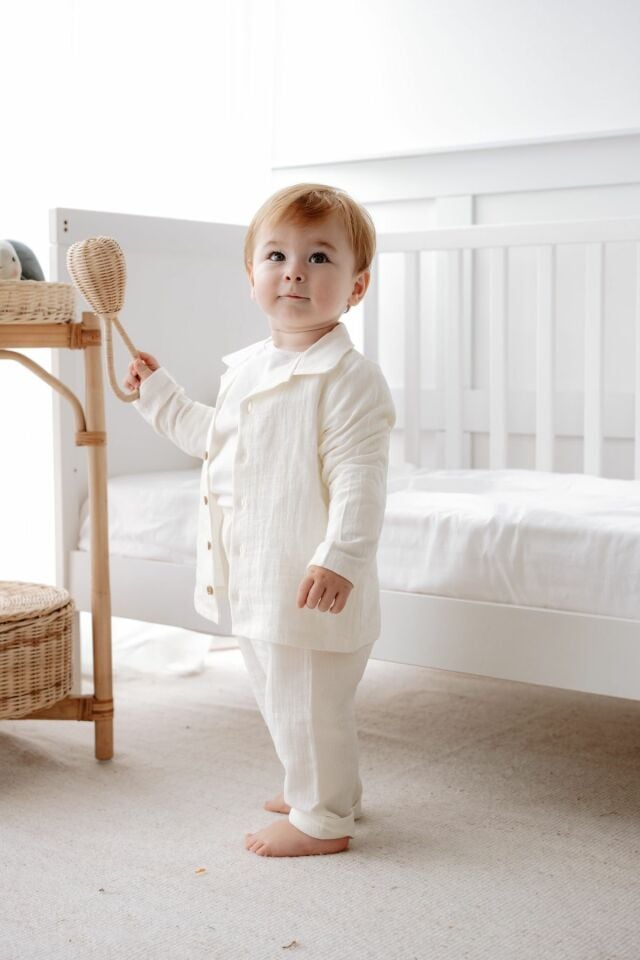 %100 Pamuk Müslin Bohem Unisex Gömlekli Takım Krem