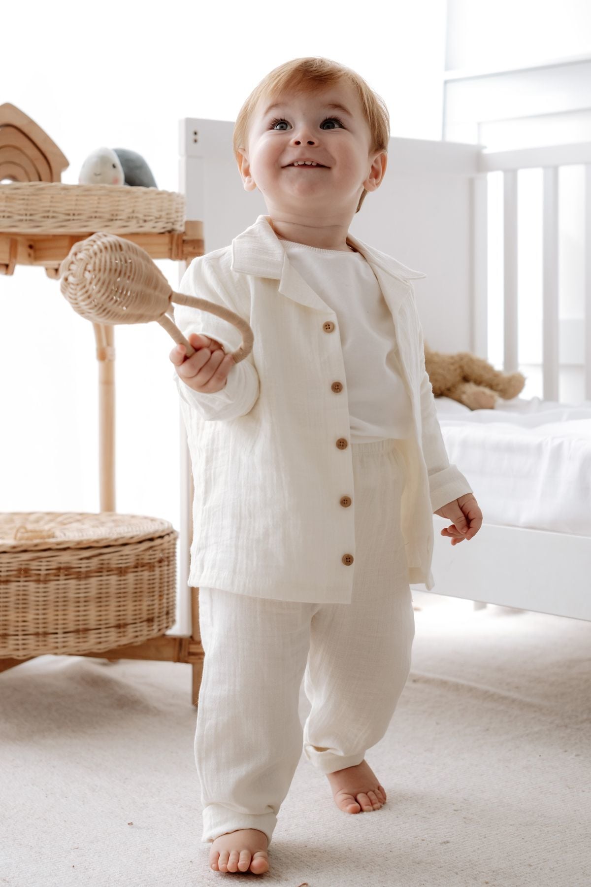 %100 Pamuk Müslin Bohem Unisex Gömlekli Takım Krem