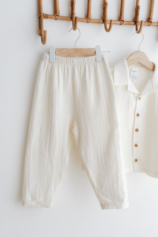 %100 Pamuk Müslin Bohem Unisex Gömlekli Takım Krem