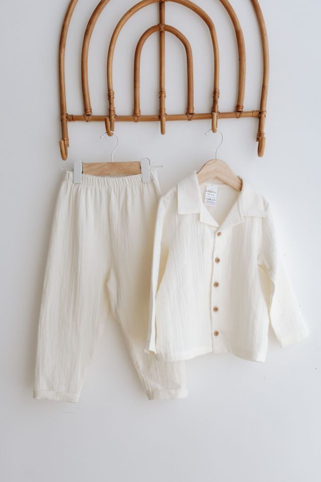 %100 Pamuk Müslin Bohem Unisex Gömlekli Takım Krem