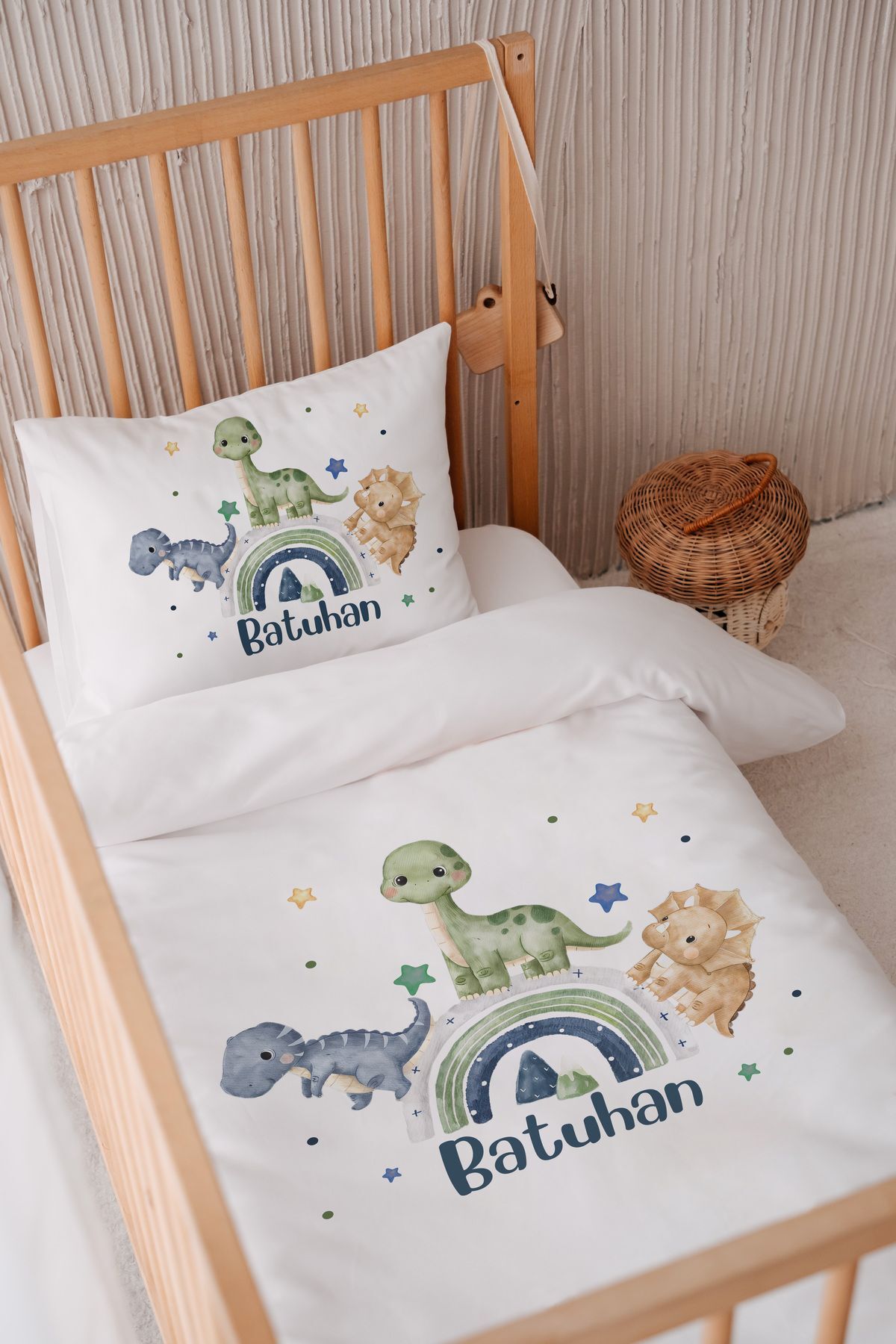 İsme Özel 100x150 Bebek Yatak Nevresim Seti Dinozorlar