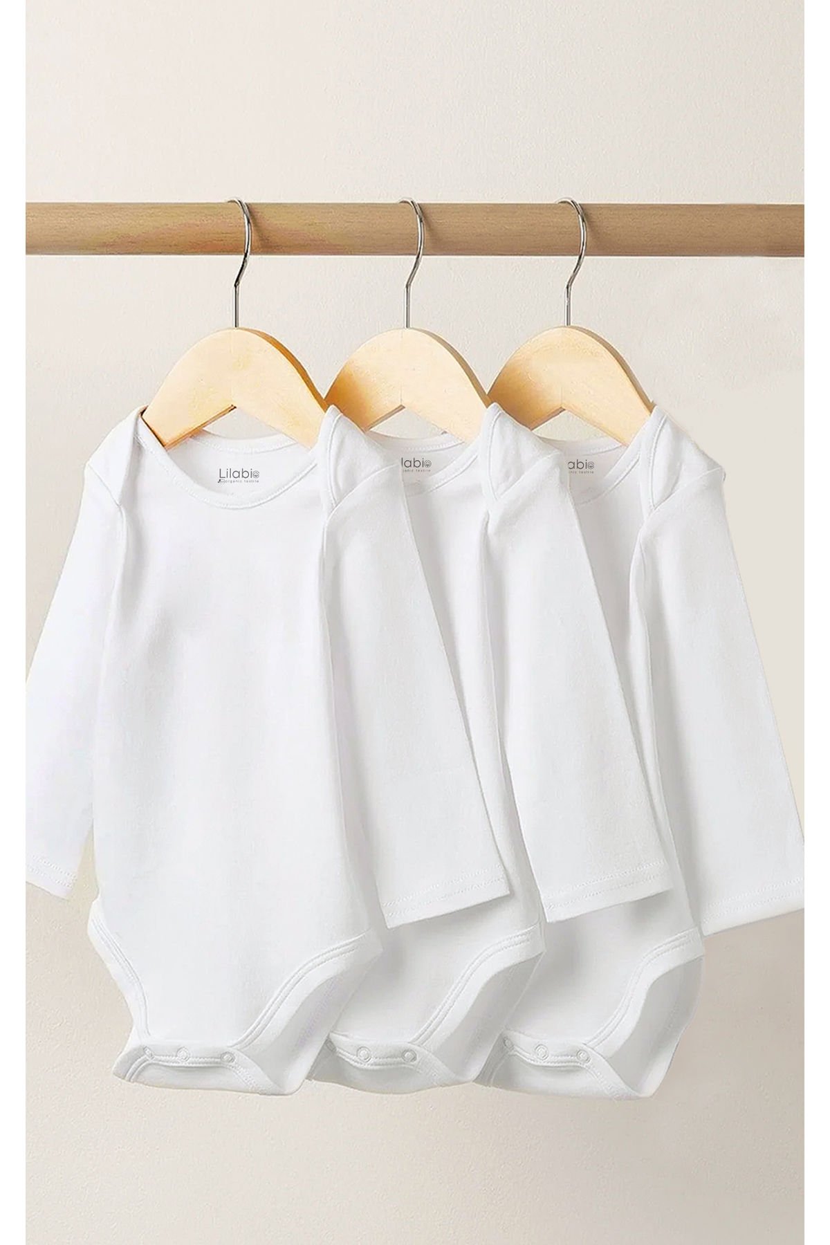 %100 Organik Pamuk 3lü Uzun Kollu Bebek Body Beyaz - 18-24 AY