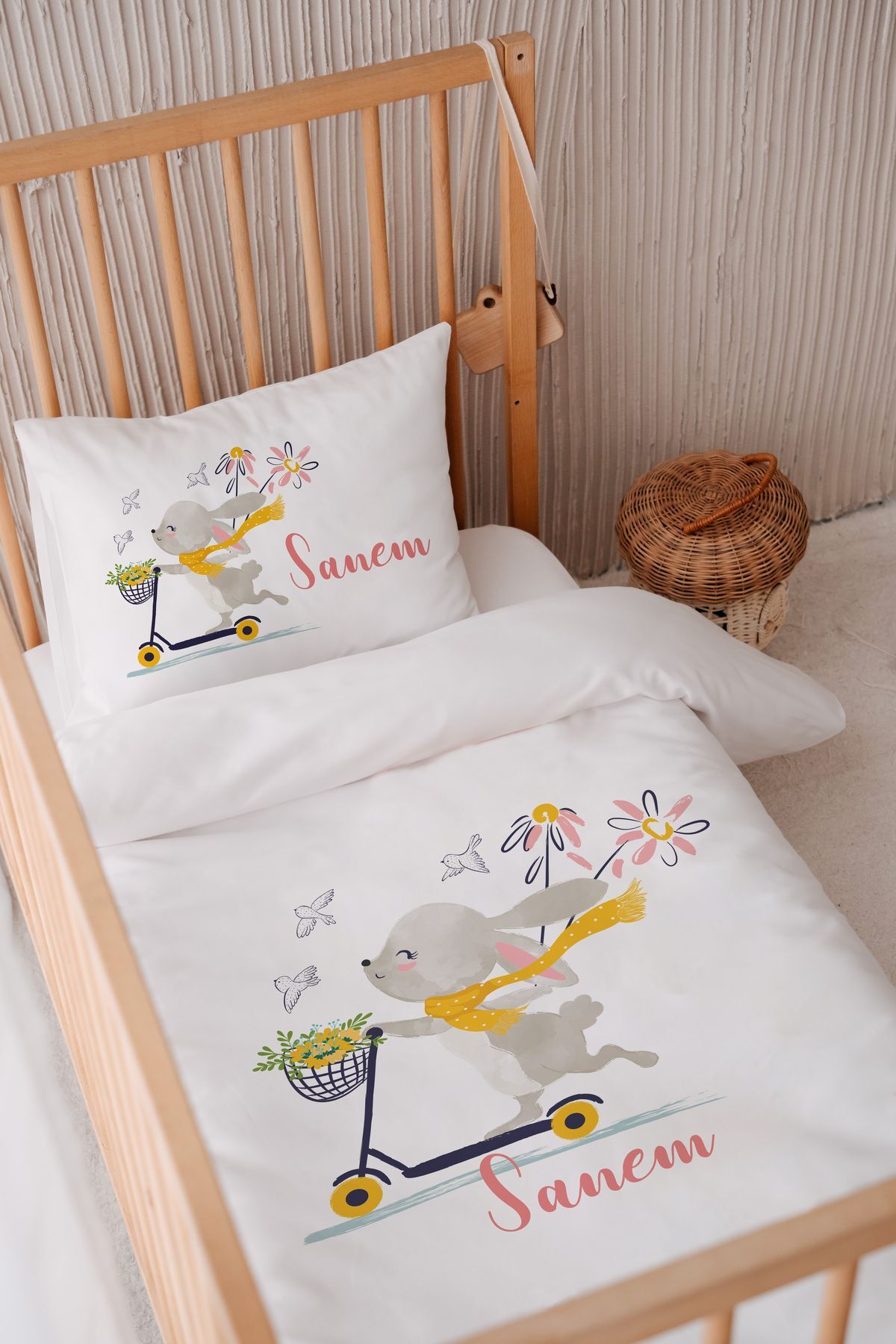 İsme Özel 100x150 Bebek Yatak Nevresim Seti Atkılı Tavşan