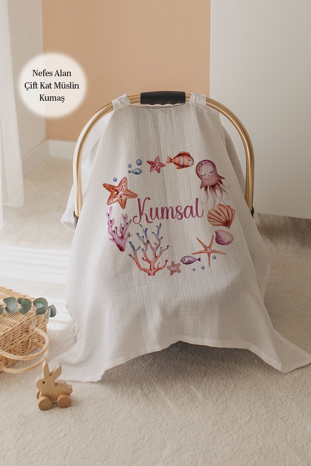 %100 Pamuk İsme Özel Çift Katlı Müslin Puset Örtüsü - Deniz Canlıları