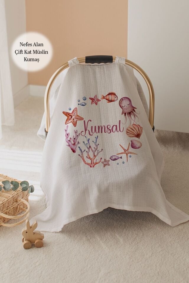 %100 Pamuk İsme Özel Çift Katlı Müslin Puset Örtüsü - Deniz Canlıları