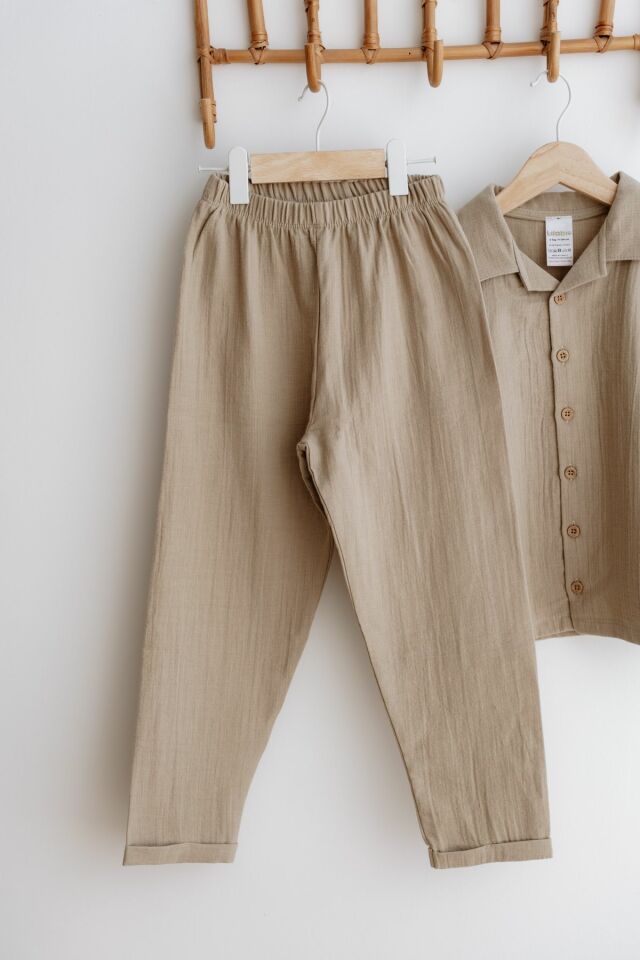 %100 Pamuk Müslin Bohem Unisex Gömlekli Takım Bej