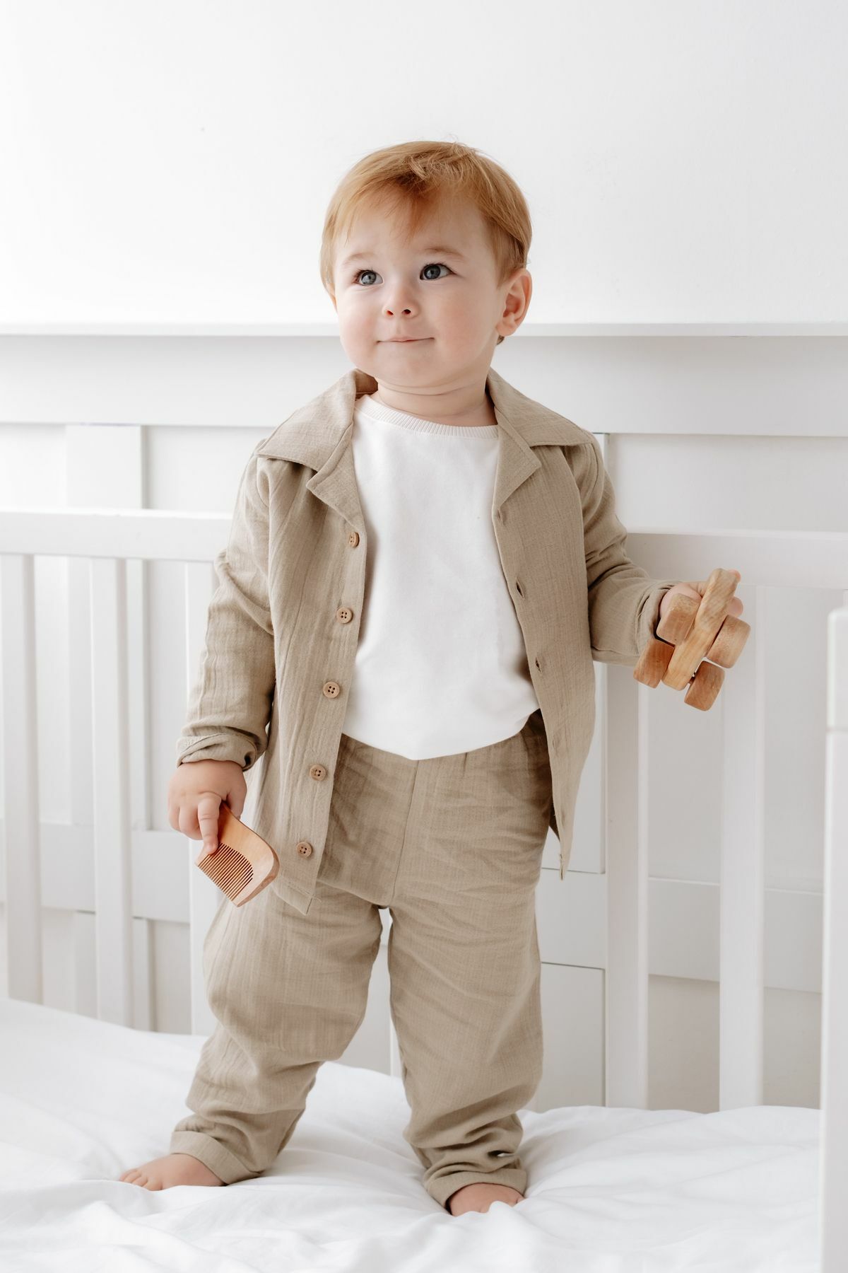 %100 Pamuk Müslin Bohem Unisex Gömlekli Takım Bej