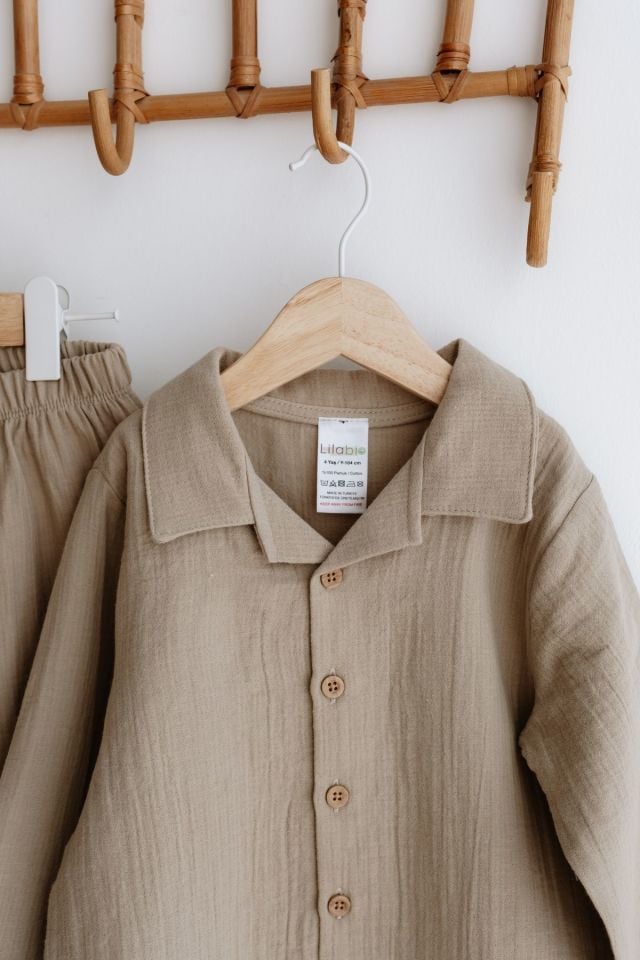 %100 Pamuk Müslin Bohem Unisex Gömlekli Takım Bej