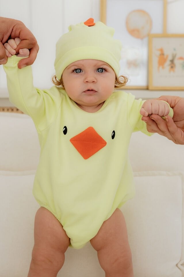 %100 Pamuk Civciv Kostüm Body & Şapka Seti – Unisex Bebek Hediye Seti