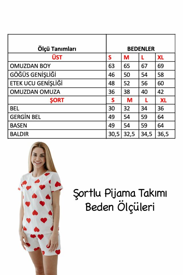 %100 Pamuk Kalpli Şortlu Kadın Pijama Takımı S - Kırmızı