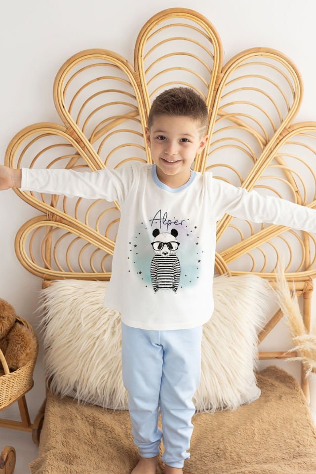 İsme Özel Erkek Çocuk Pijama Takımı %100 Organik Pamuk Mavi - 9-10 Yaş