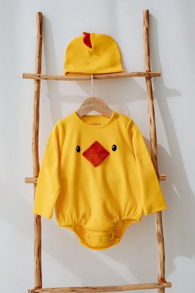 %100 Pamuk Civciv Kostüm Body & Şapka Seti – Unisex Bebek Hediye Seti 18-24 AY - Sarı