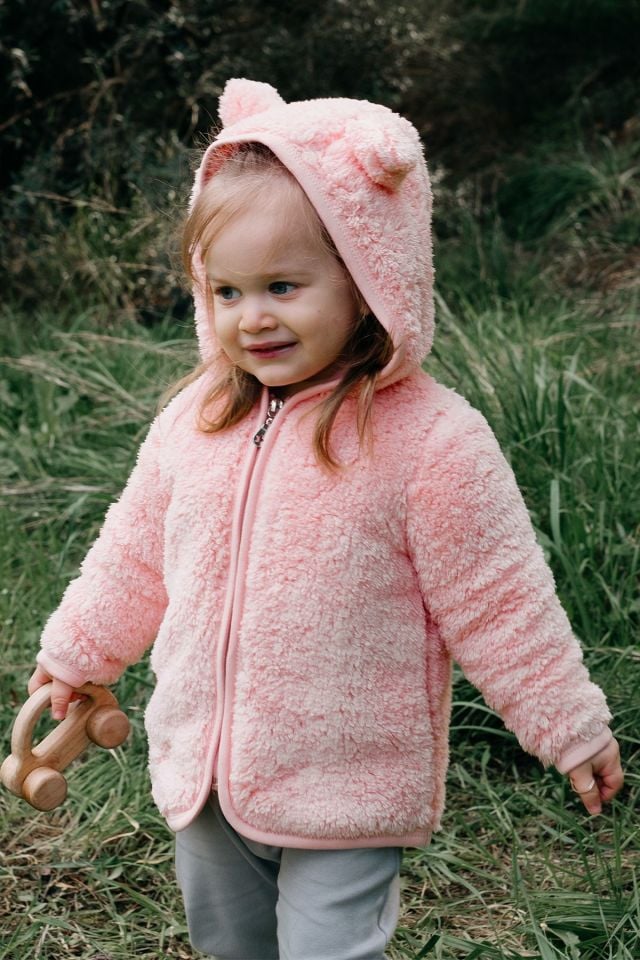 Fermuarlı Peluş Teddy Kulaklı Hırka Ceket Pembe